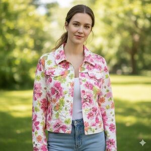 Liz Claiborne Pink Floral Denim Jean Jacket Size Large